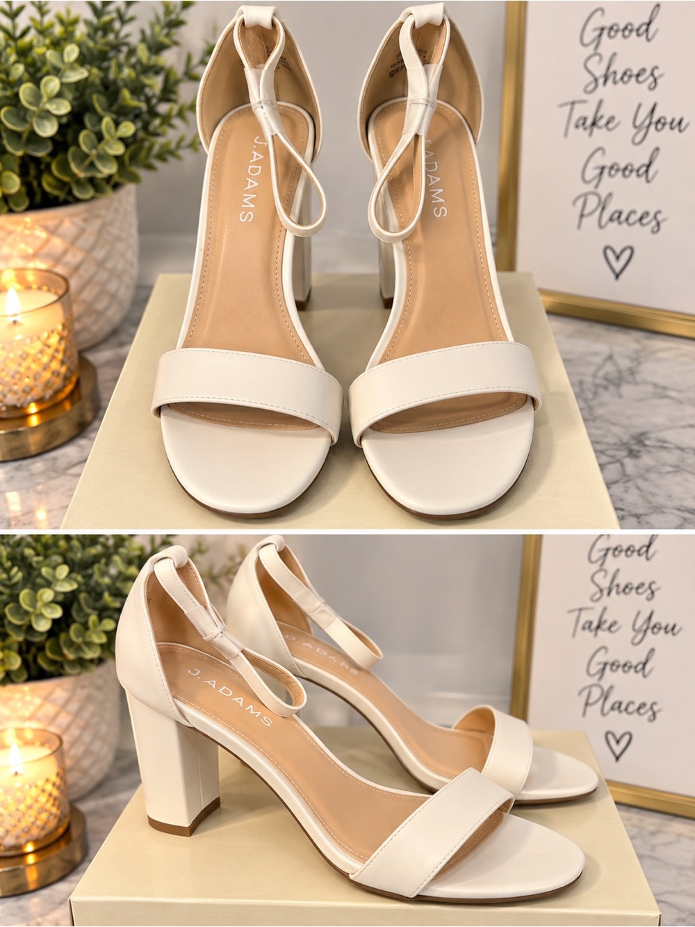 J.Adams Cream Block Heel Ankle-Strap Sandals